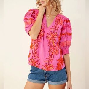 HALE BOB Sienna Smocked Embroidered Ballon Sleeve Top Size S